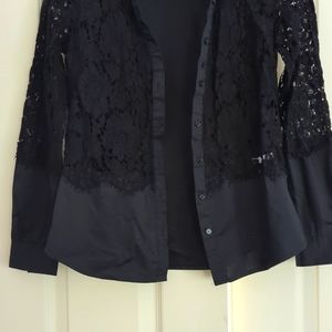 Black top, button down shirt with lace